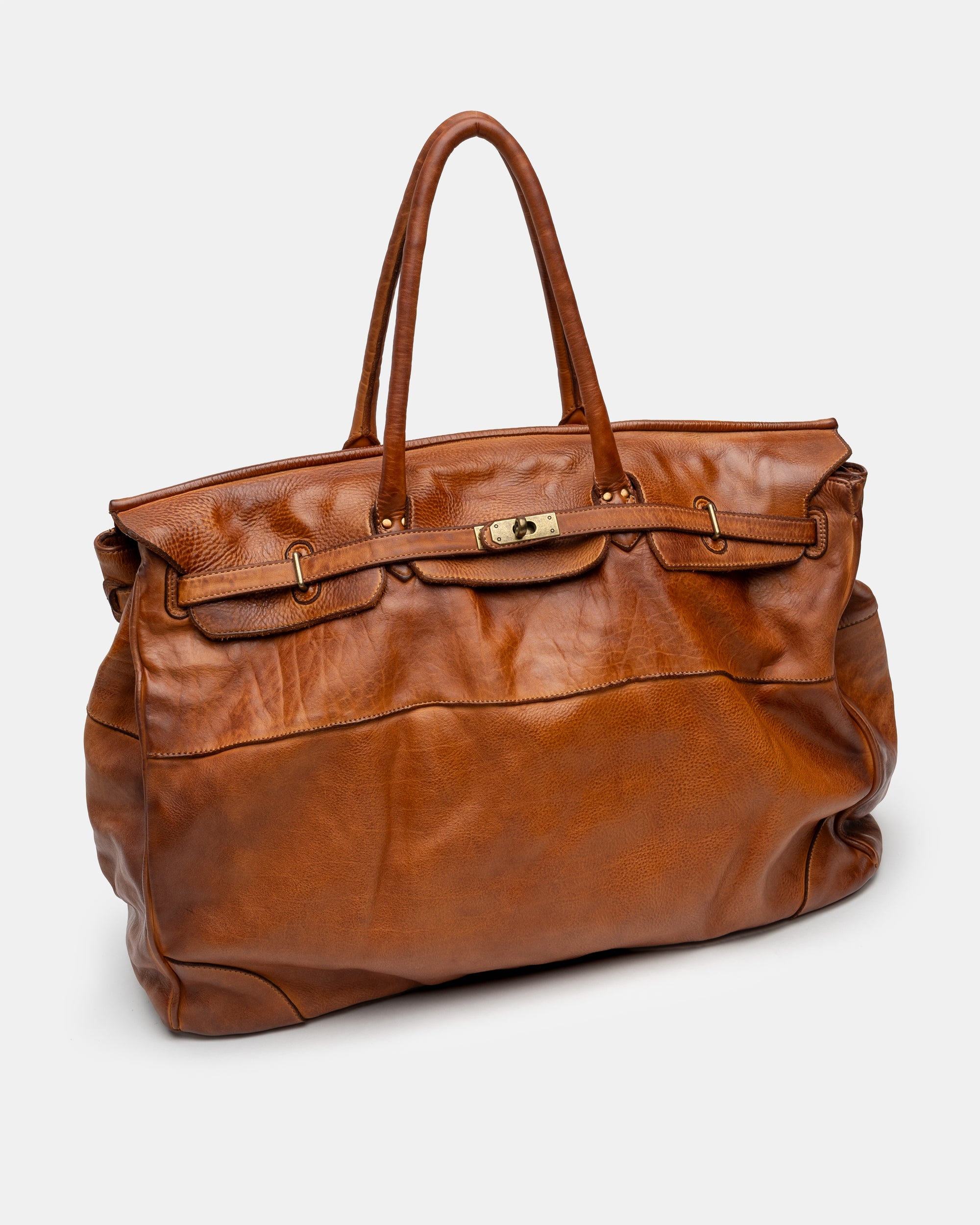 Oversized Slouchy Calf-Leather Travel Tote Bag in Cognac