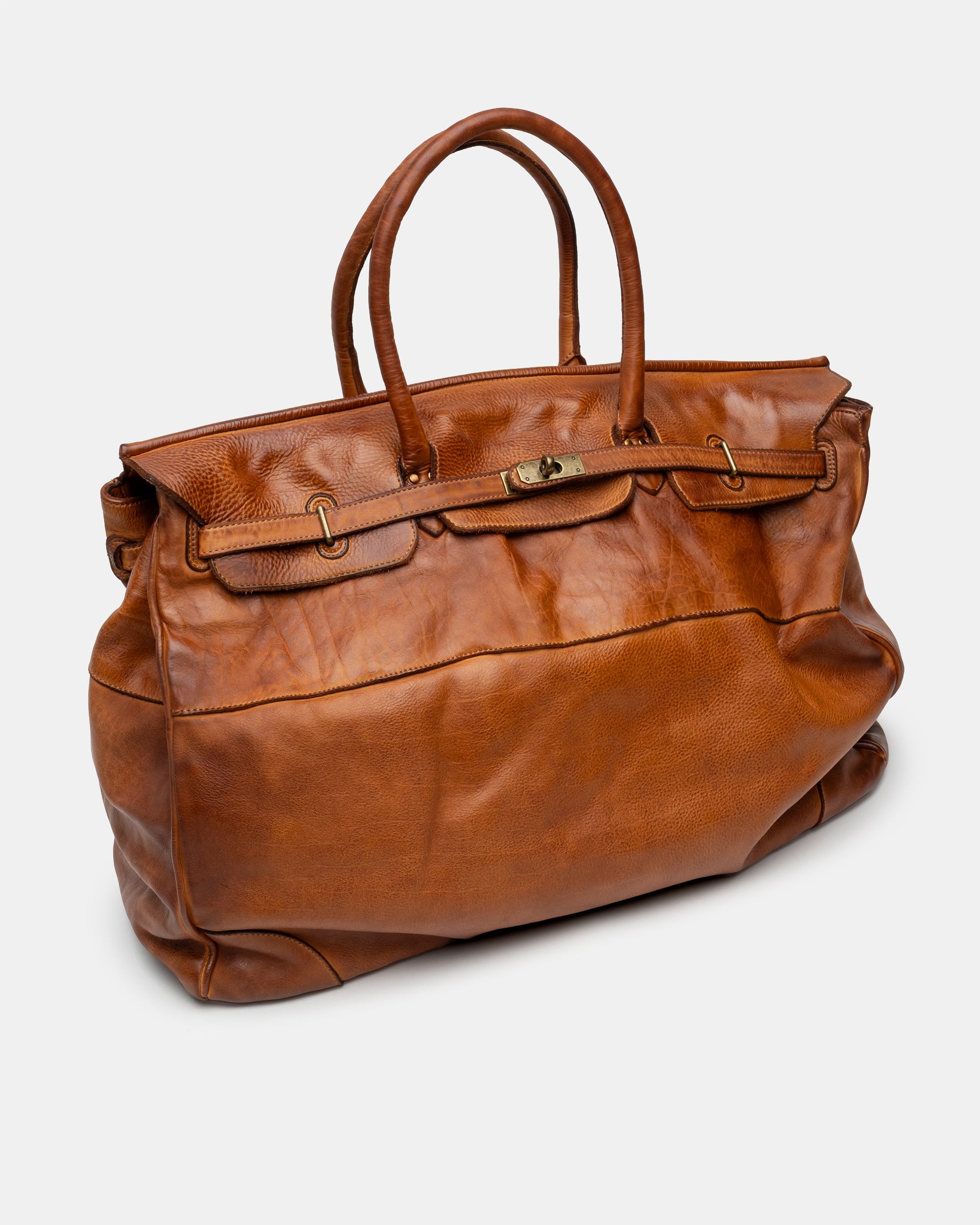 Oversized Slouchy Calf-Leather Travel Tote Bag in Cognac