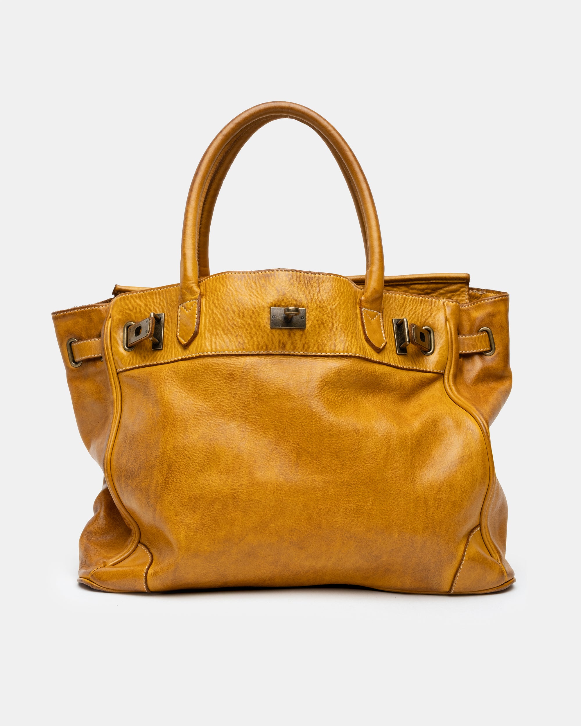 Washed Slouchy Calf-Leather Shoulder Bag in Mustard