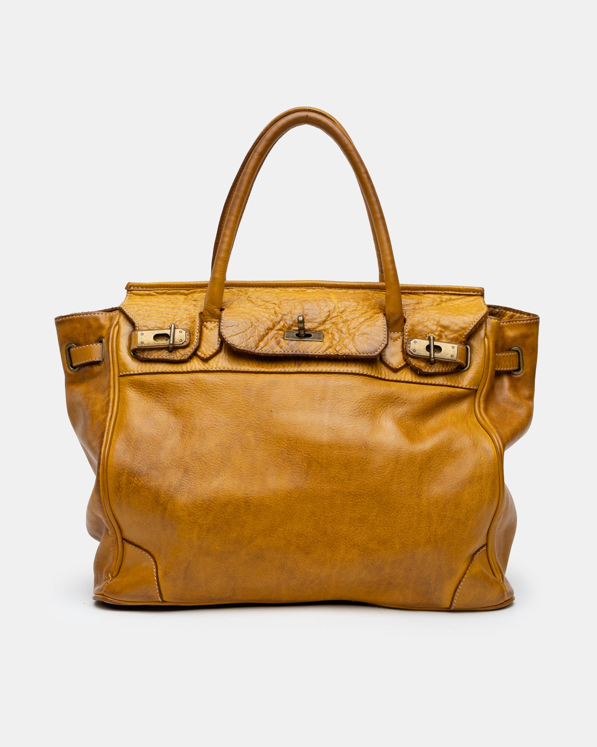 Washed Slouchy Calf-Leather Shoulder Bag in Mustard