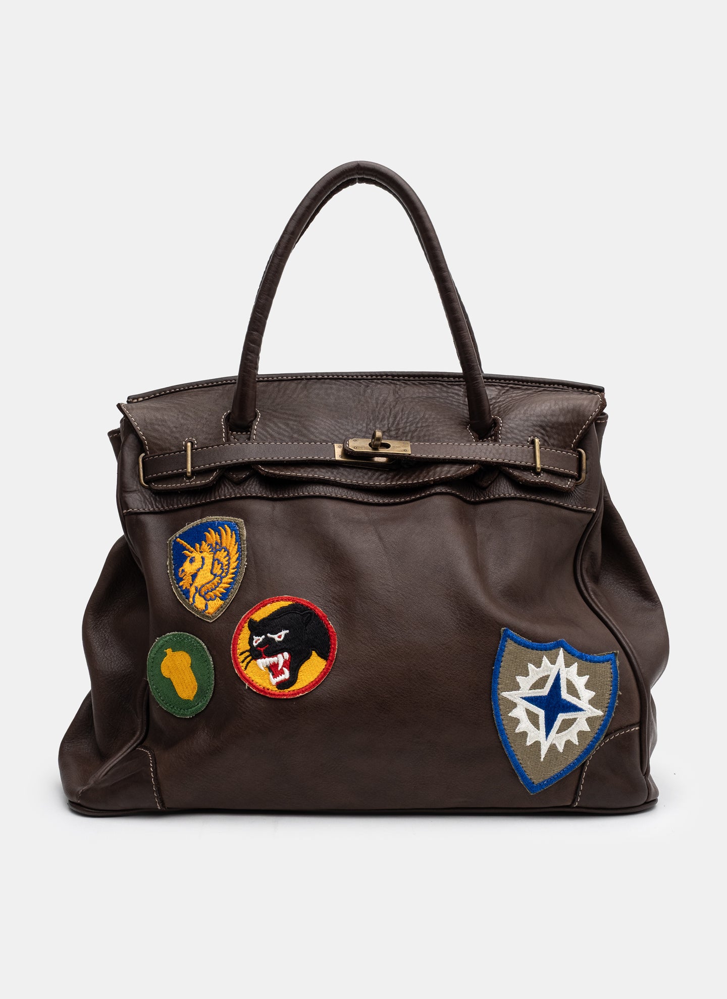 Patched Slouchy Calf Leather Shoulder Bag