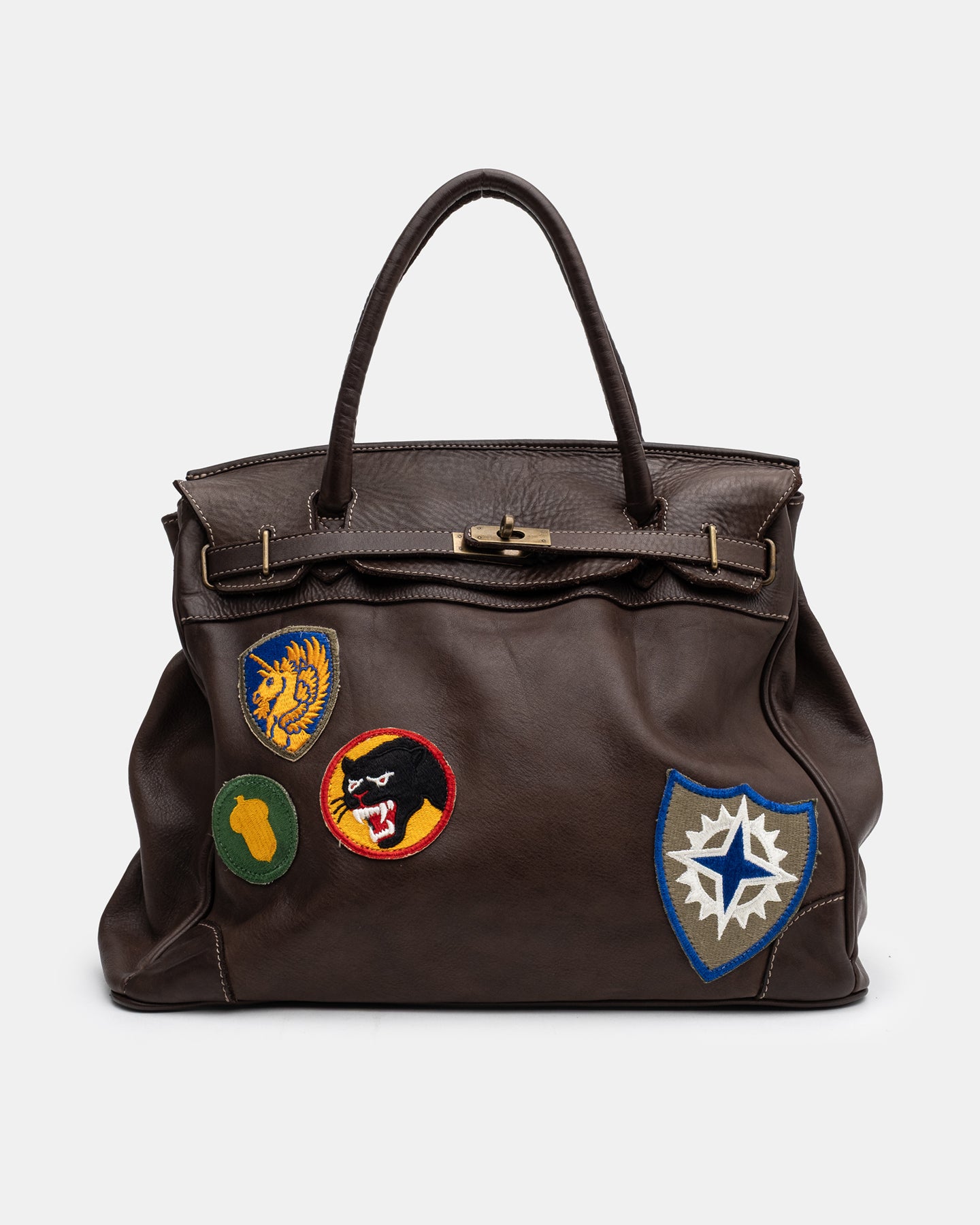 Patched Slouchy Calf Leather Shoulder Bag