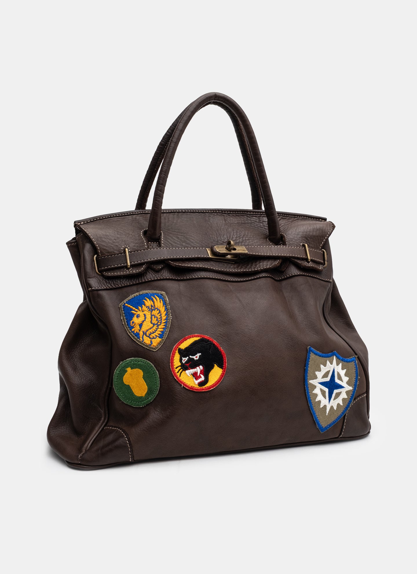 Patched Slouchy Calf Leather Shoulder Bag