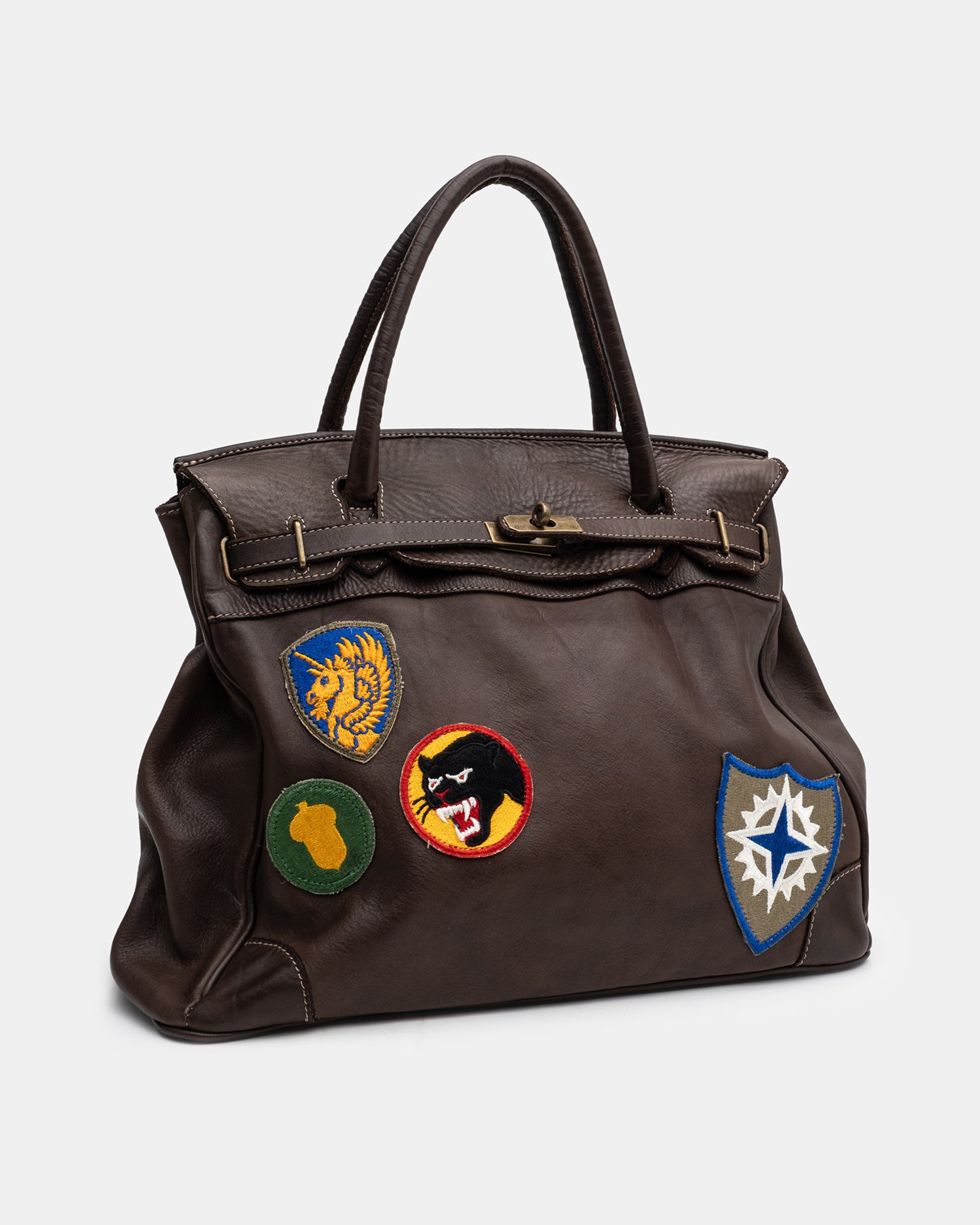 Patched Slouchy Calf Leather Shoulder Bag