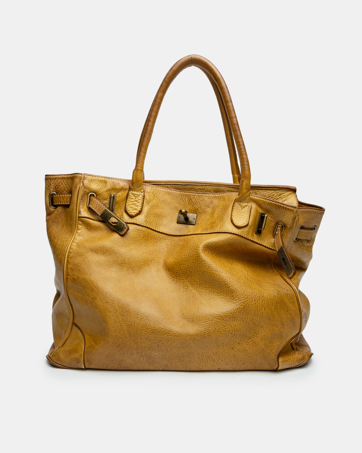 Washed Slouchy Calf-Leather Shoulder Bag in Mustard
