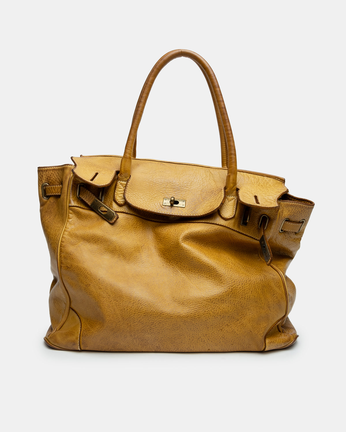 Washed Slouchy Calf-Leather Shoulder Bag in Mustard