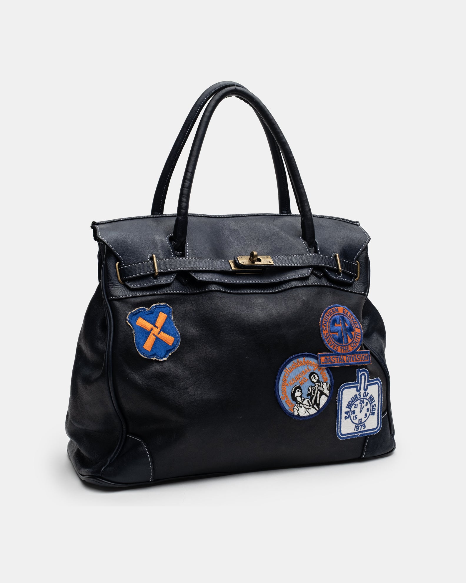 Patched Slouchy Calf Leather Shoulder Bag